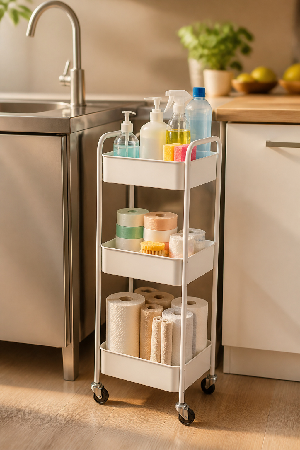 A slender rolling cart positioned between a sink and toilet.