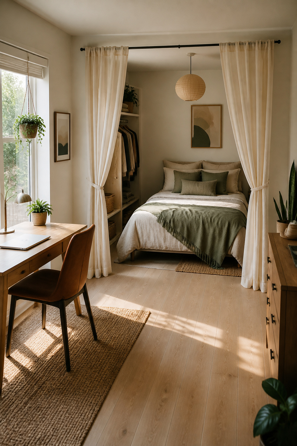 Floor-to-ceiling curtains around a bed and a small rug under a desk.