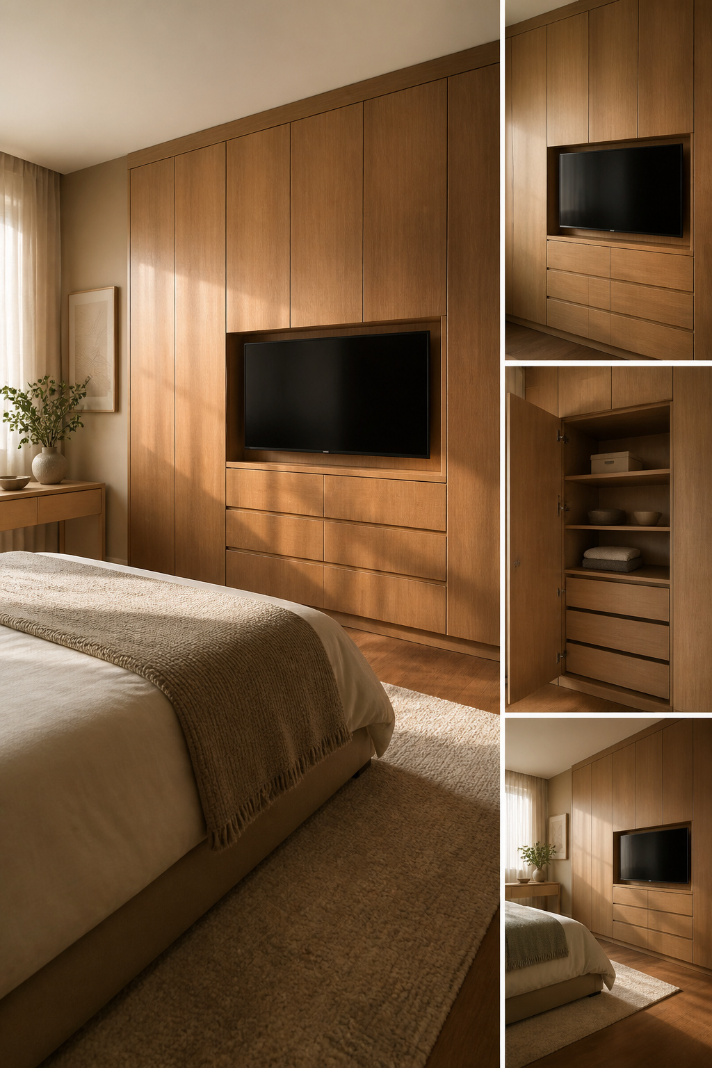 A wardrobe featuring a TV integrated into its central panel.