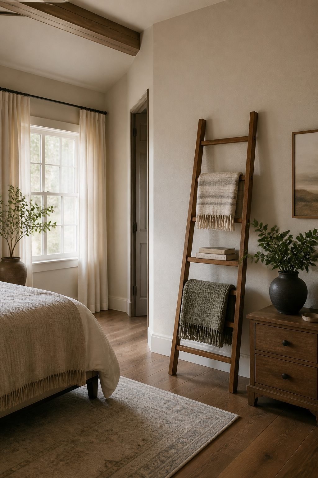 12 Wall Storage Ideas to Free Up Floor Space in 2026 11 A wooden ladder leaning against a wall, holding extra blankets.
