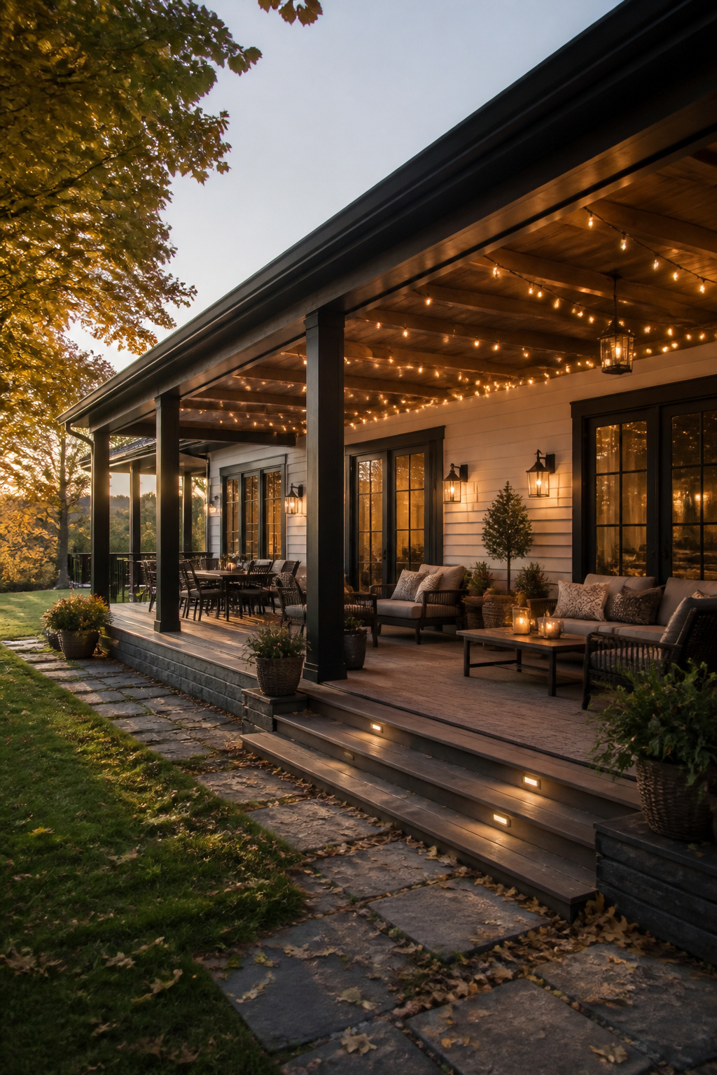 13 Large Back Porch Ideas That Use What You Already Have 11 String lights illuminating a large back porch.