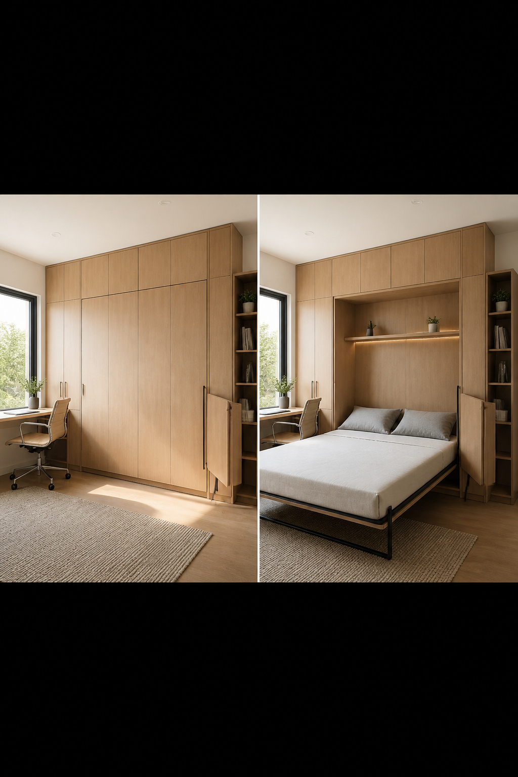 A guest room with a Murphy bed and flanking storage cabinets.