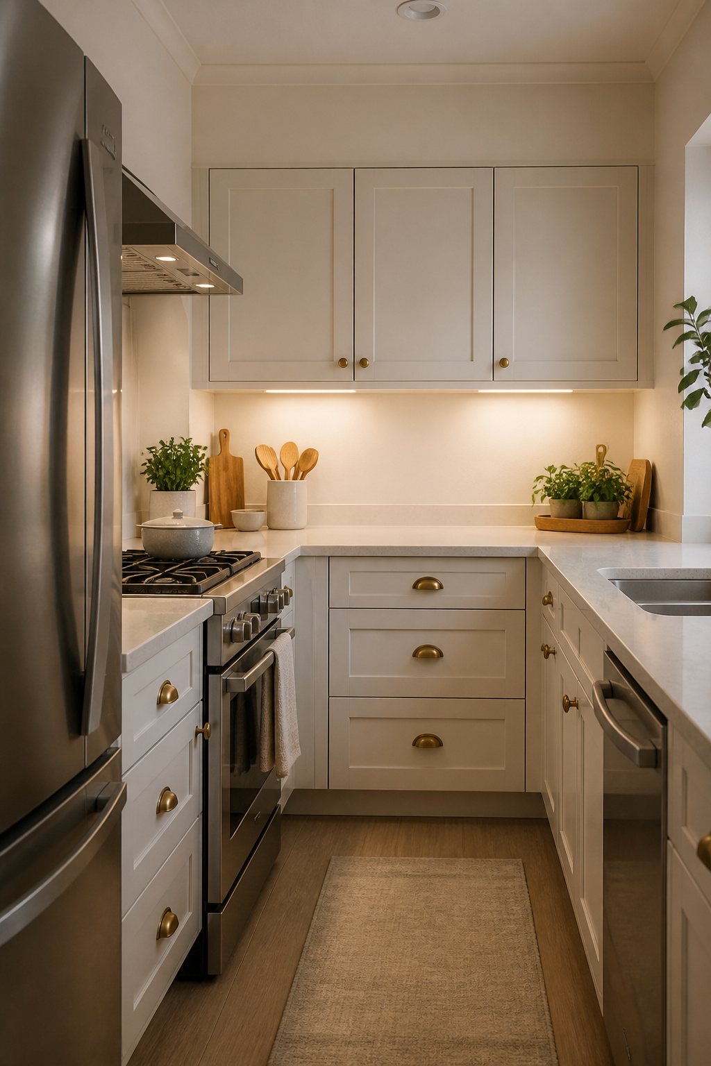 10 Small Kitchen Cabinet Ideas That Maximize Every Inch (2026) 12 LED under-cabinet lighting illuminating countertops in a small kitchen.