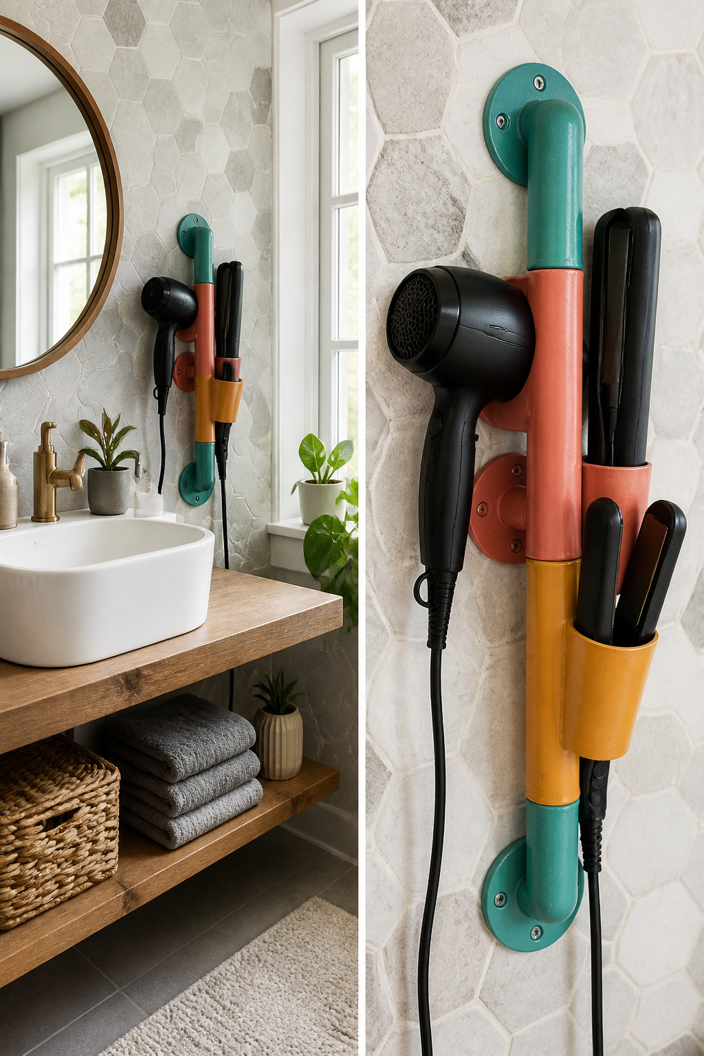 Painted pipes used as holders for hair tools attached to a vanity.