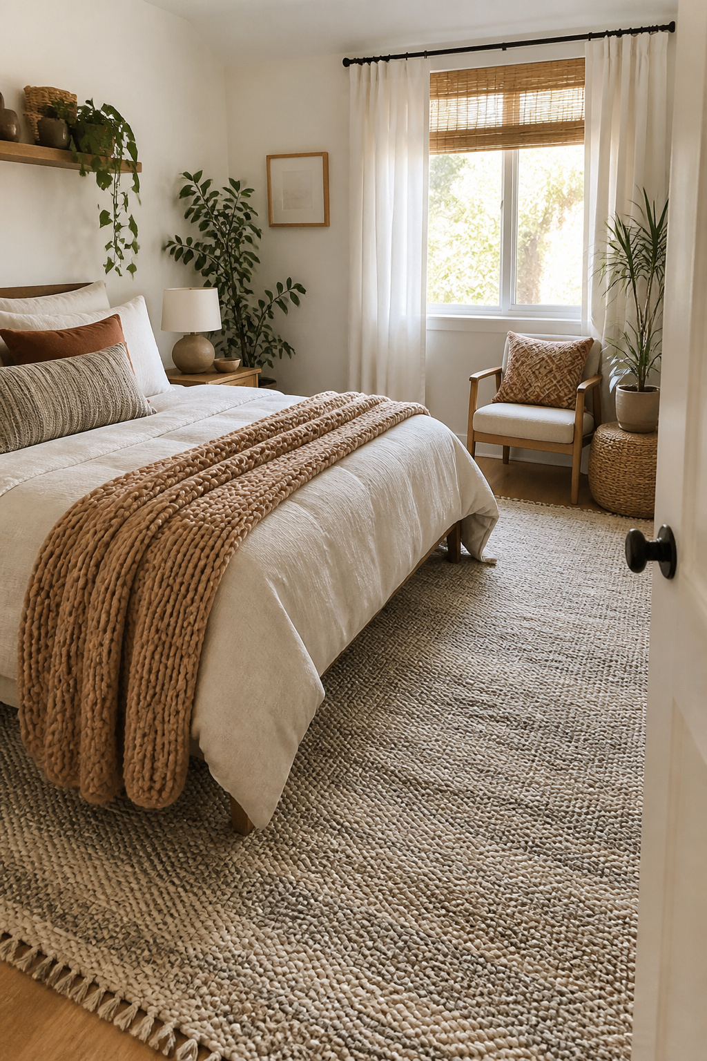 A cozy bedroom with layered textiles, including a rug and cushions.
