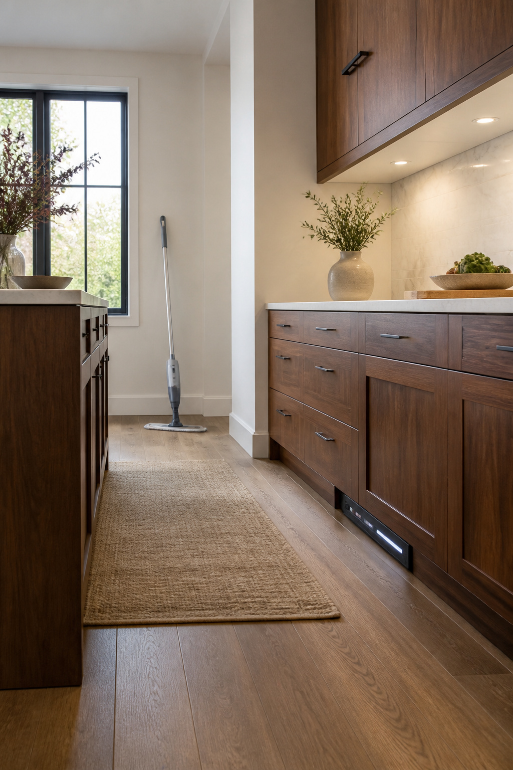 Toe kick vacuum installed at the base of kitchen cabinets.