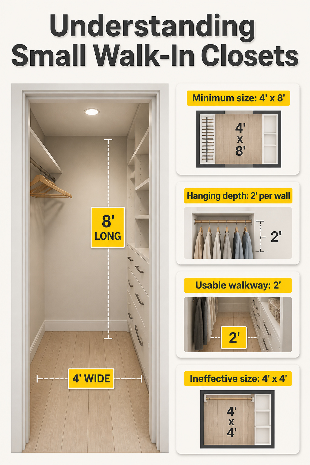 10 Small Walk-In Closet Ideas for Better Storage in 2026 12 An informational image detailing the dimensions of small walk-in closets.