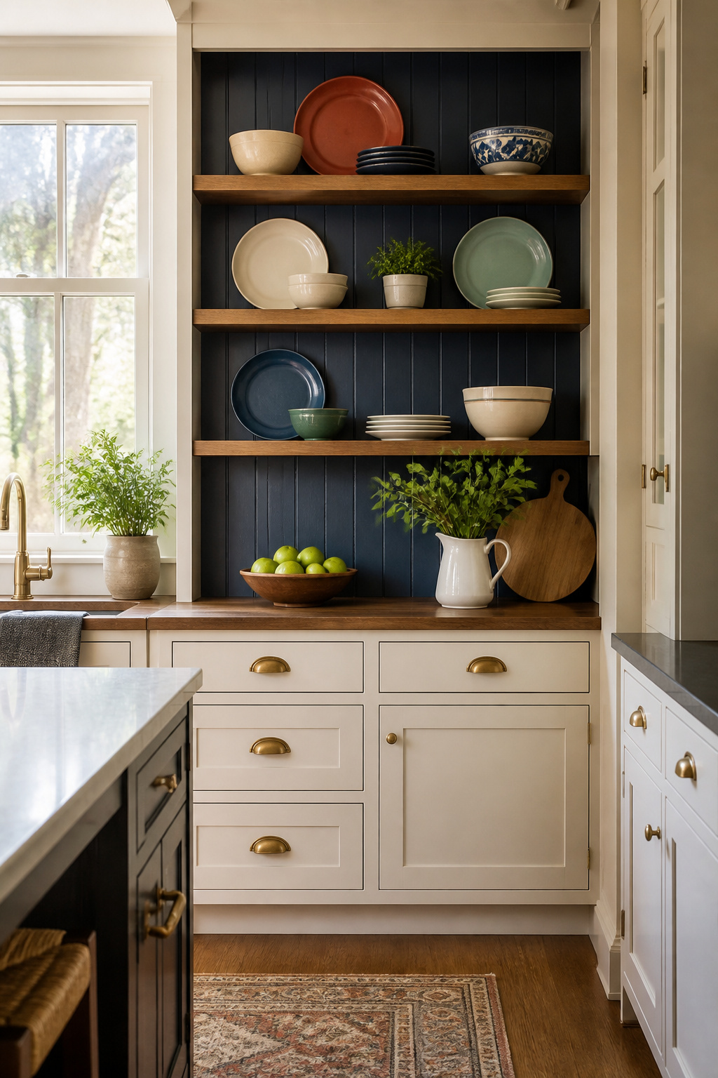 Kitchen with a navy back panel and open shelves displaying dishware.