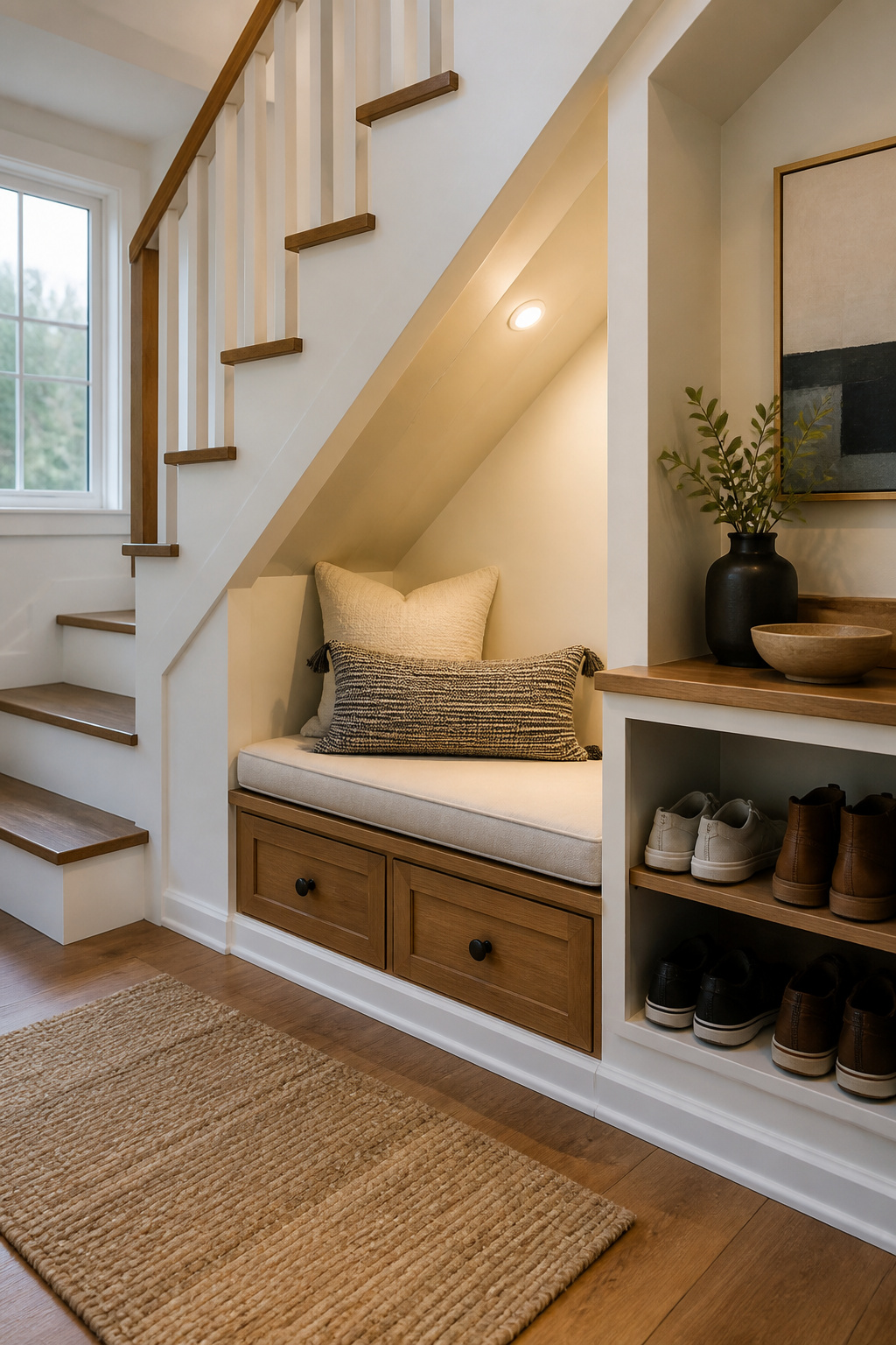 Built-in bench with storage drawers under a staircase.