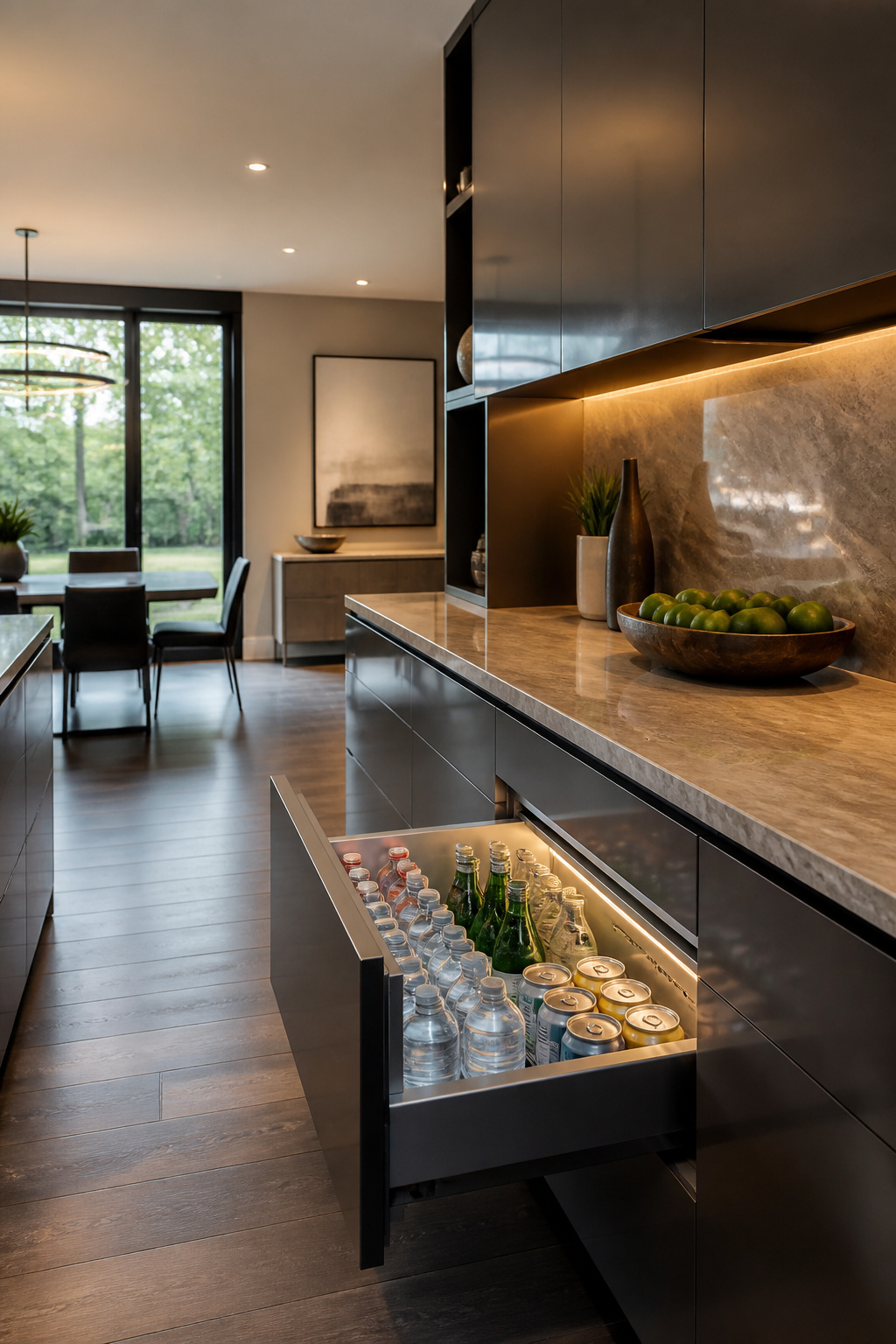 A refrigerated drawer in a kitchen holding drinks at the ideal temperature.