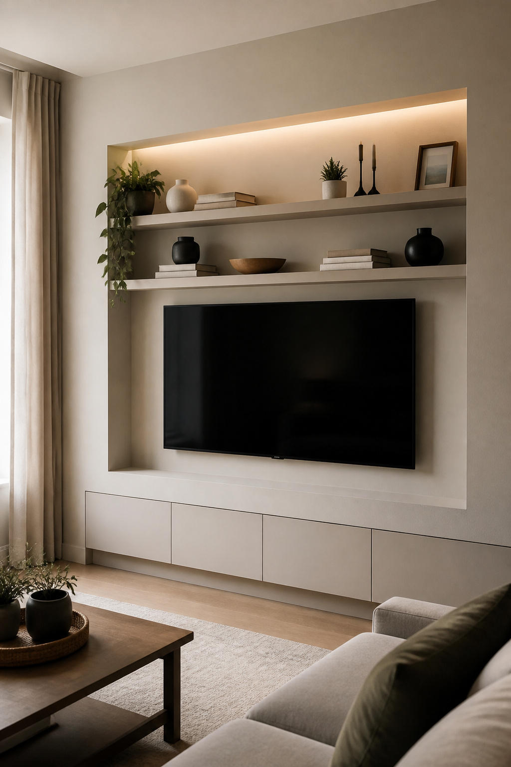 Living room with a TV recessed into the wall for a clean look.