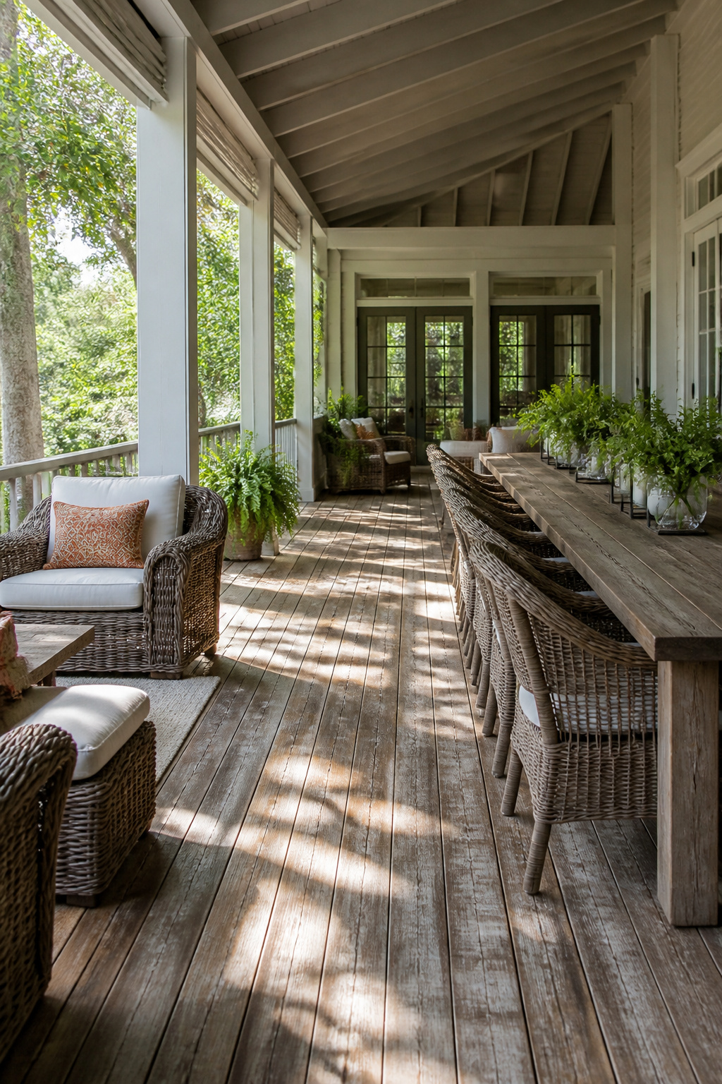 13 Large Back Porch Ideas That Use What You Already Have 12 Outdoor furniture arranged on a spacious back porch.