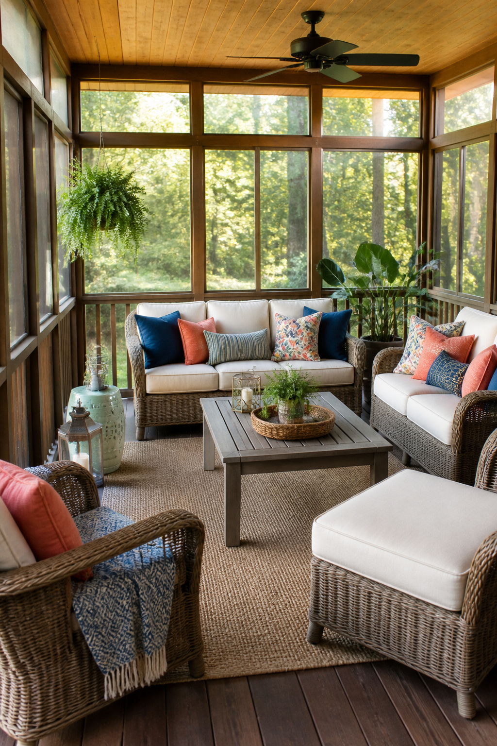 13 Large Back Porch Ideas That Use What You Already Have 13 Textiles on wicker furniture in a cozy back porch.