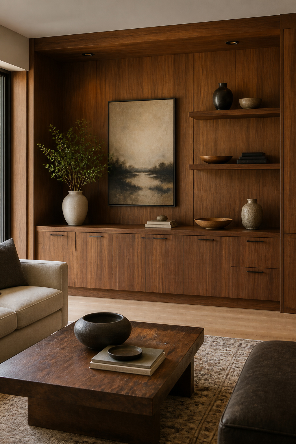 12 Wall Storage Ideas to Free Up Floor Space in 2026 13 Rich wood custom cabinets spanning a wall in a living space.