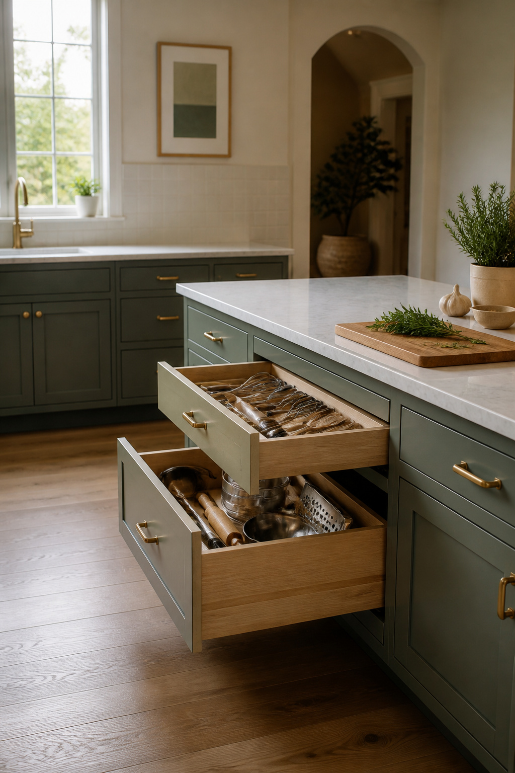 A nested drawer setup with shallow and deep compartments for kitchen tools.