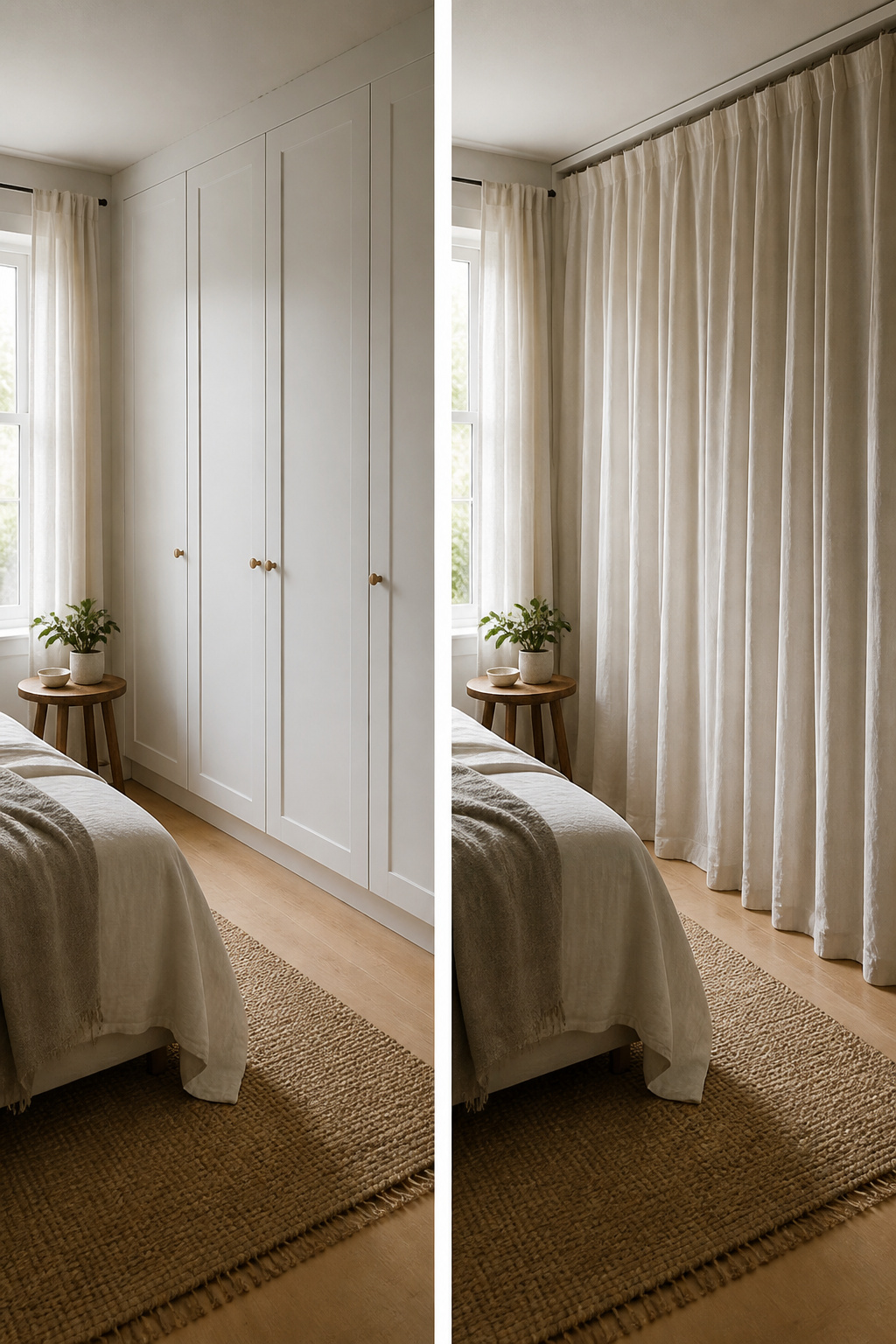 A wardrobe with fabric curtains instead of traditional doors.