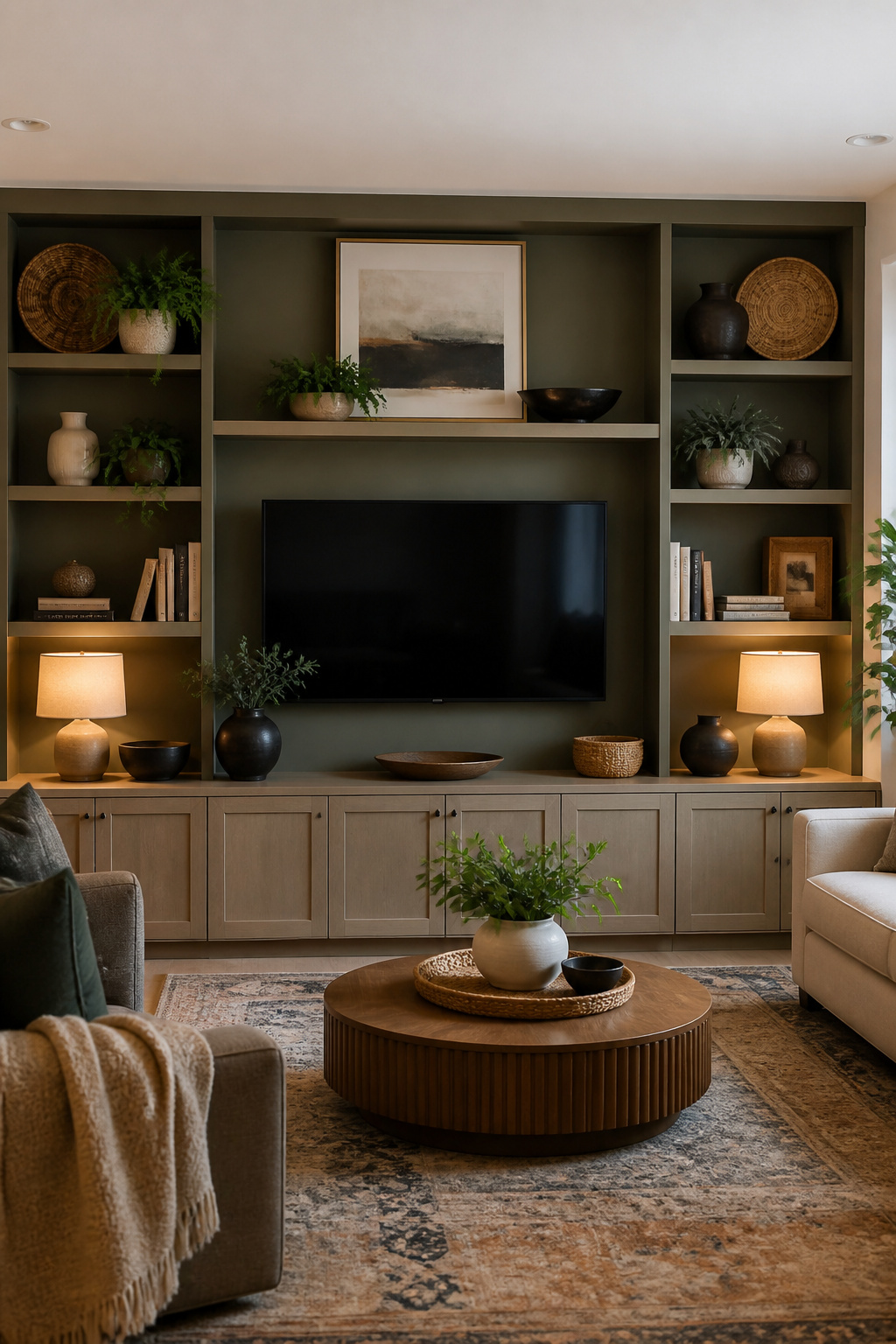Styled wall arrangement featuring a TV among various decor.