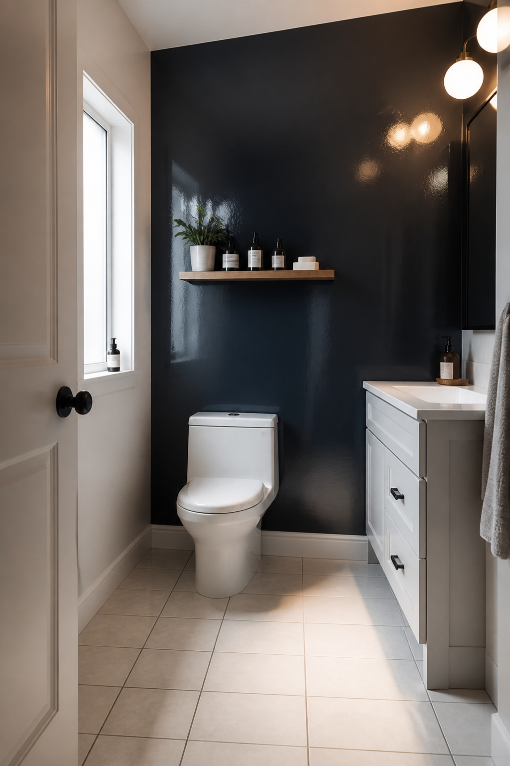 An accent wall with high-gloss paint in a small bathroom.