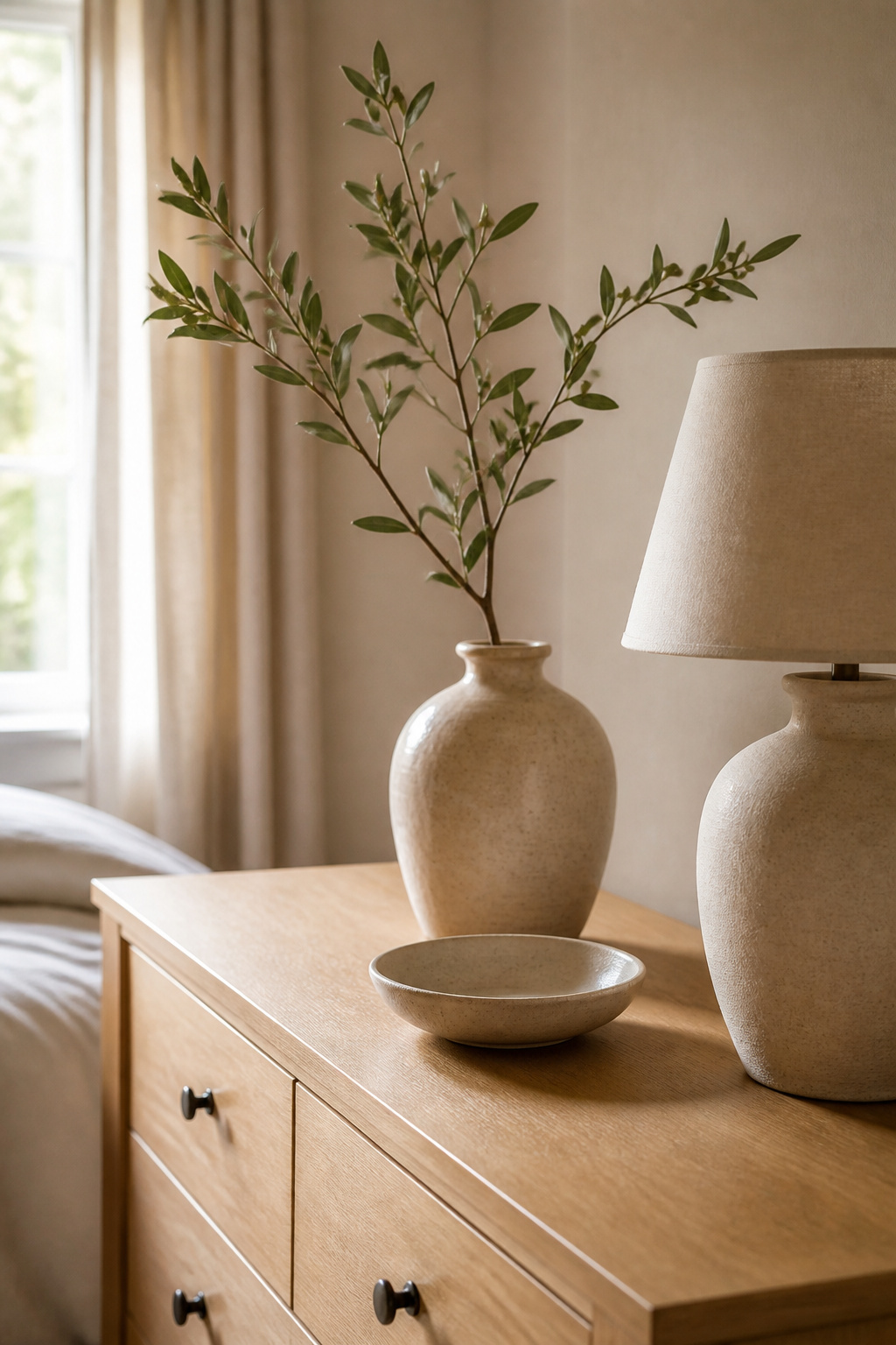 A tidy dresser top with a few carefully chosen decorative items.