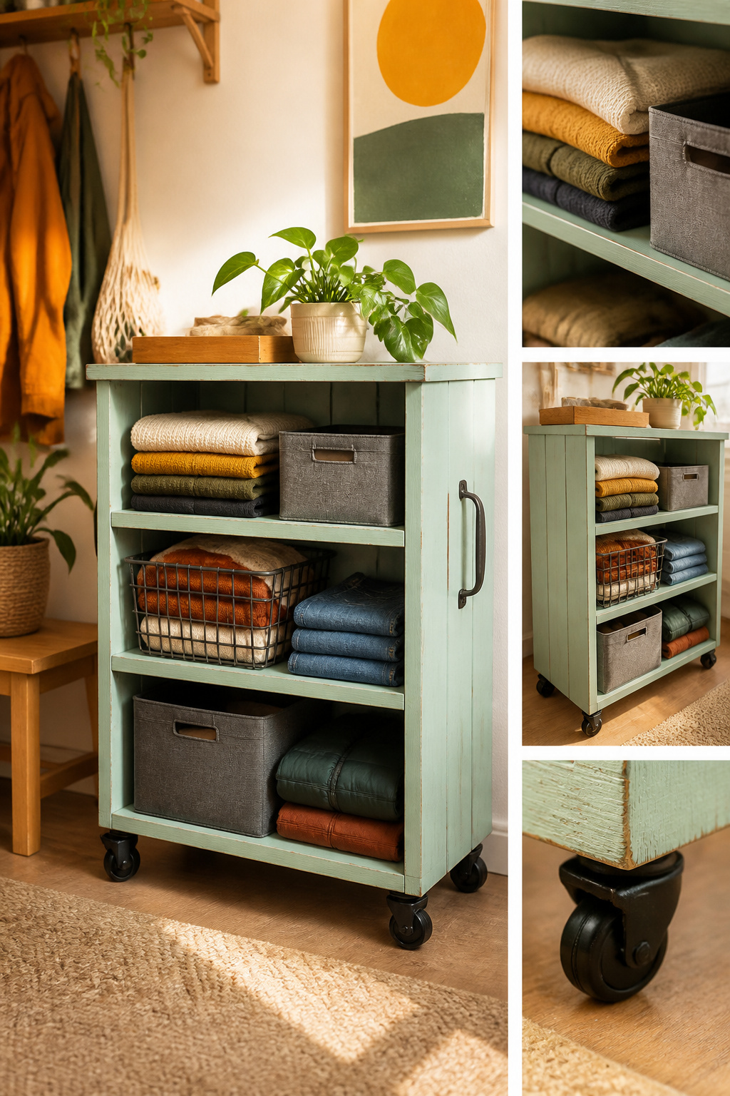 Rolling bins and custom storage made from old furniture.