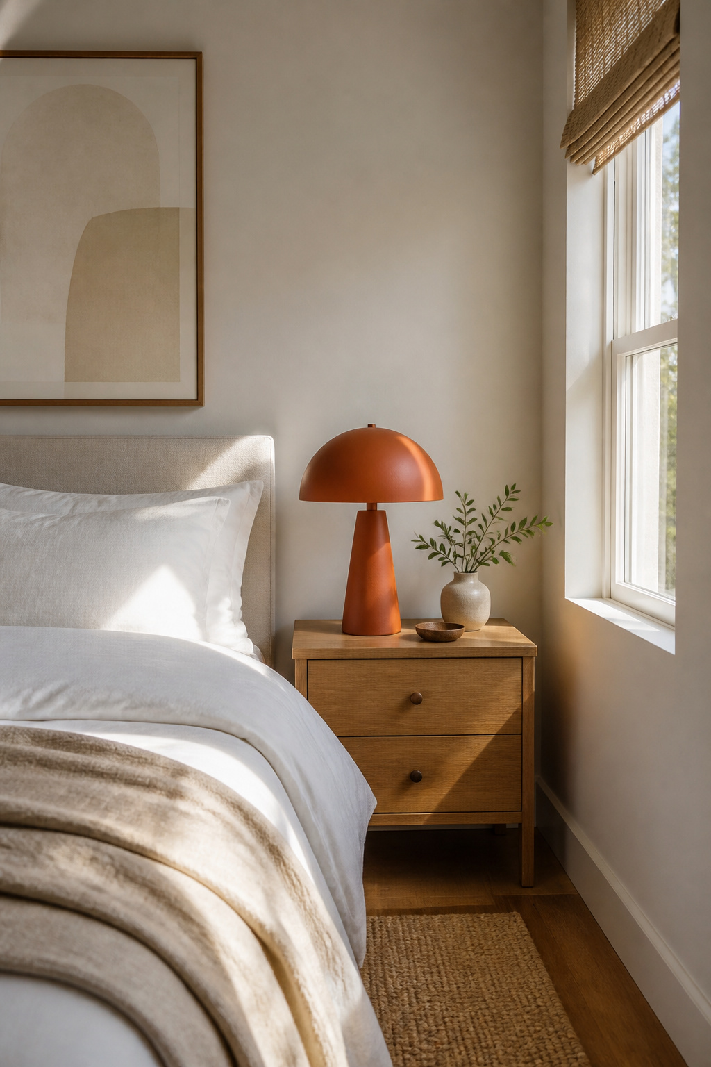 A vibrant terracotta lamp on a nightstand in a light-colored bedroom.