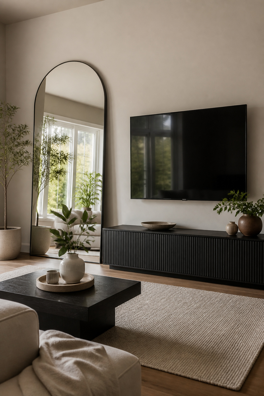Living room with a mirror reflecting light next to a television.