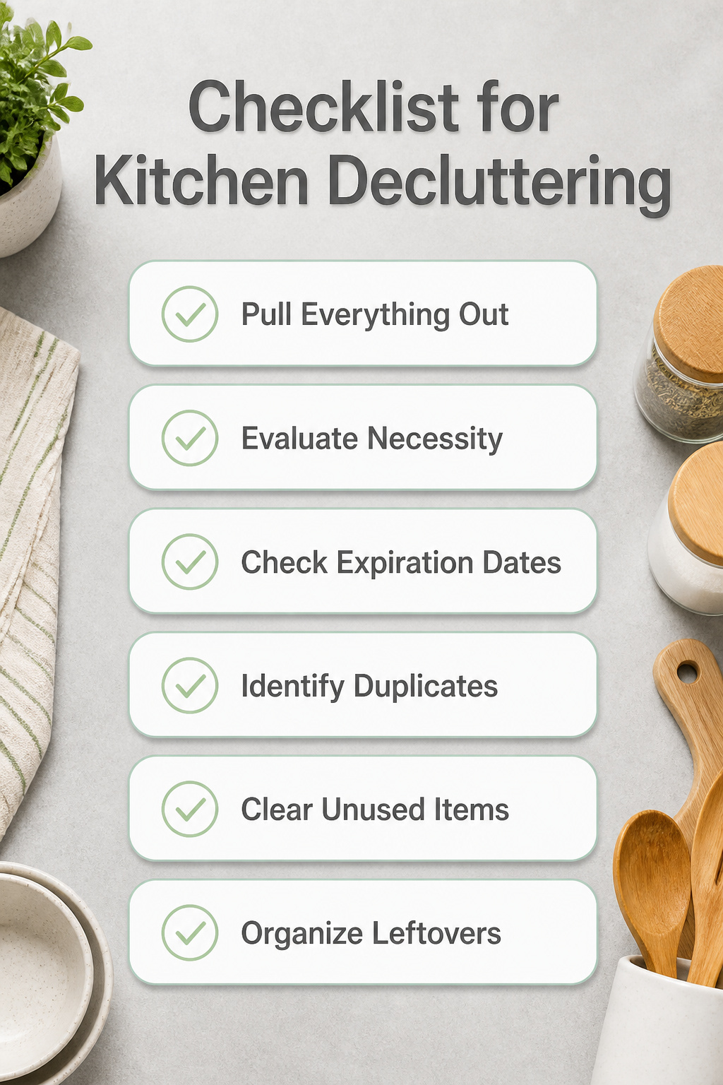A checklist for kitchen decluttering with various utensils on a counter.