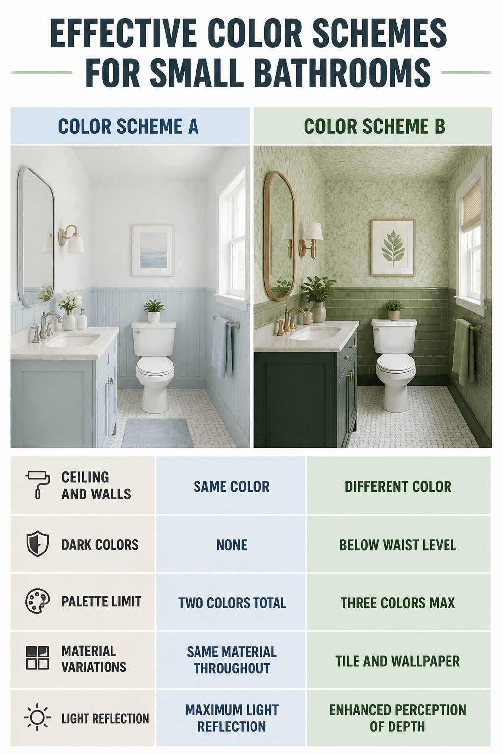 A chart showcasing effective color schemes for small bathrooms.