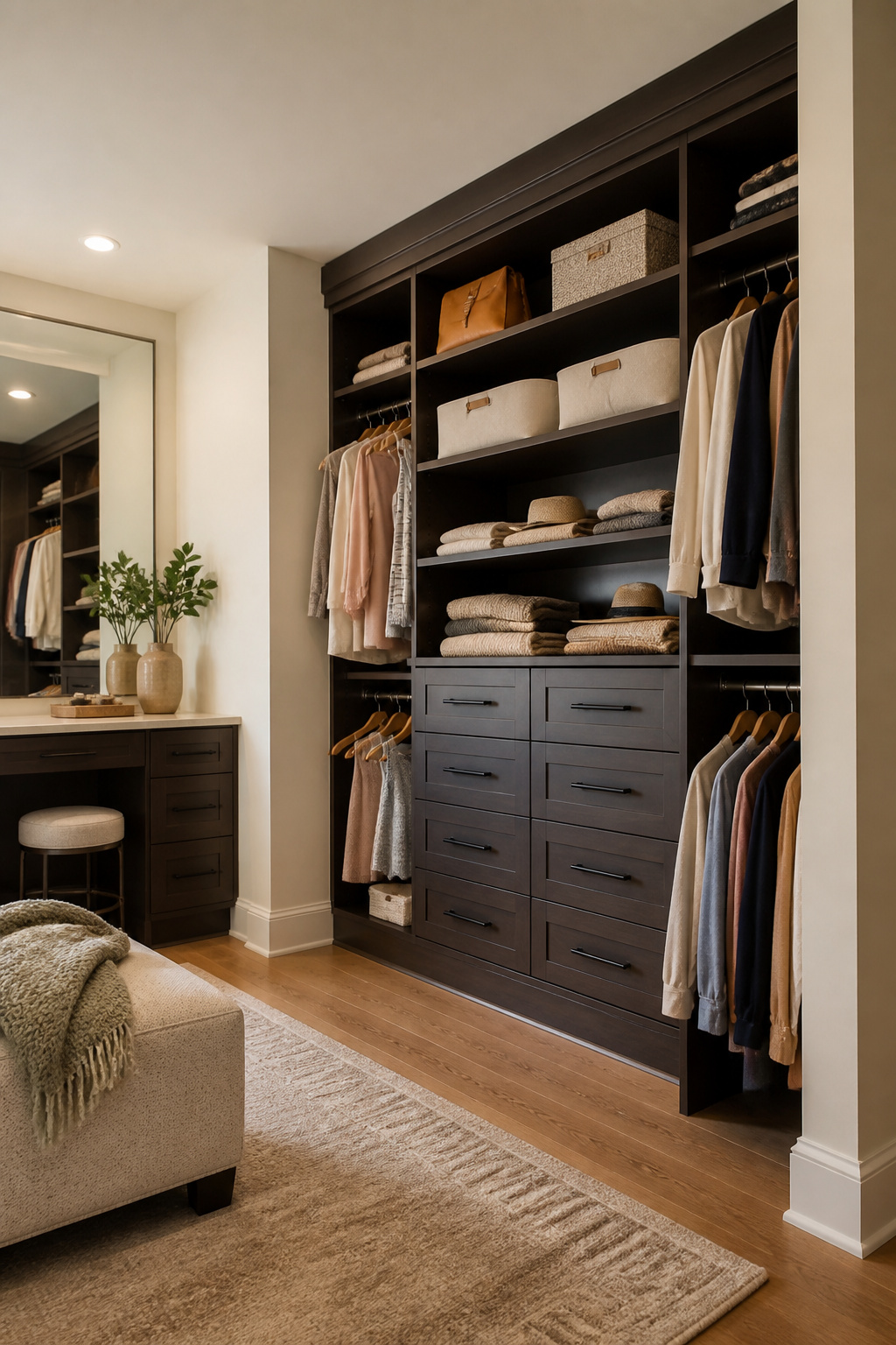 Well-designed custom cabinetry with adjustable shelving in a closet.