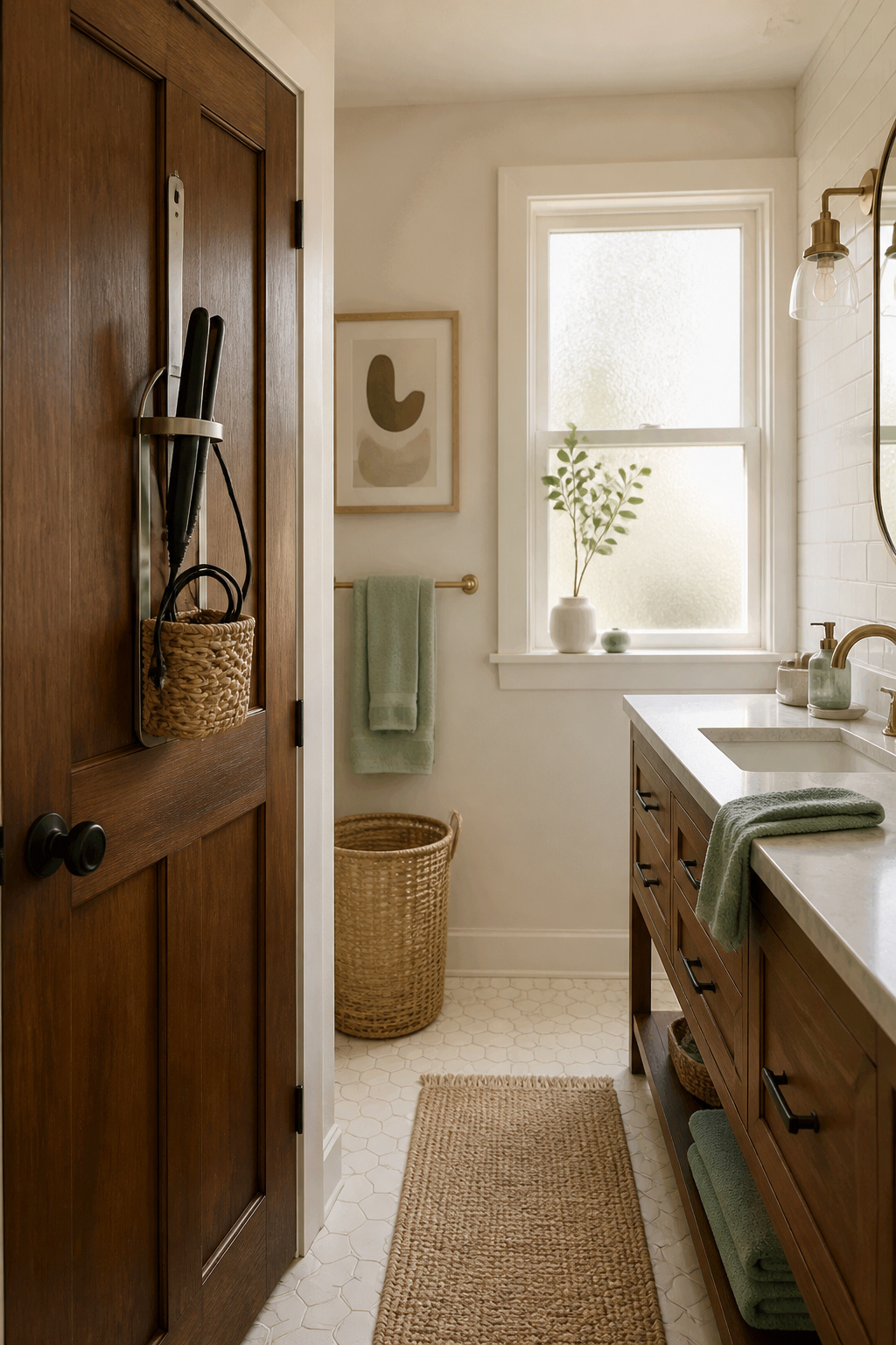 An over-cabinet organizer holding hair tools without screws.