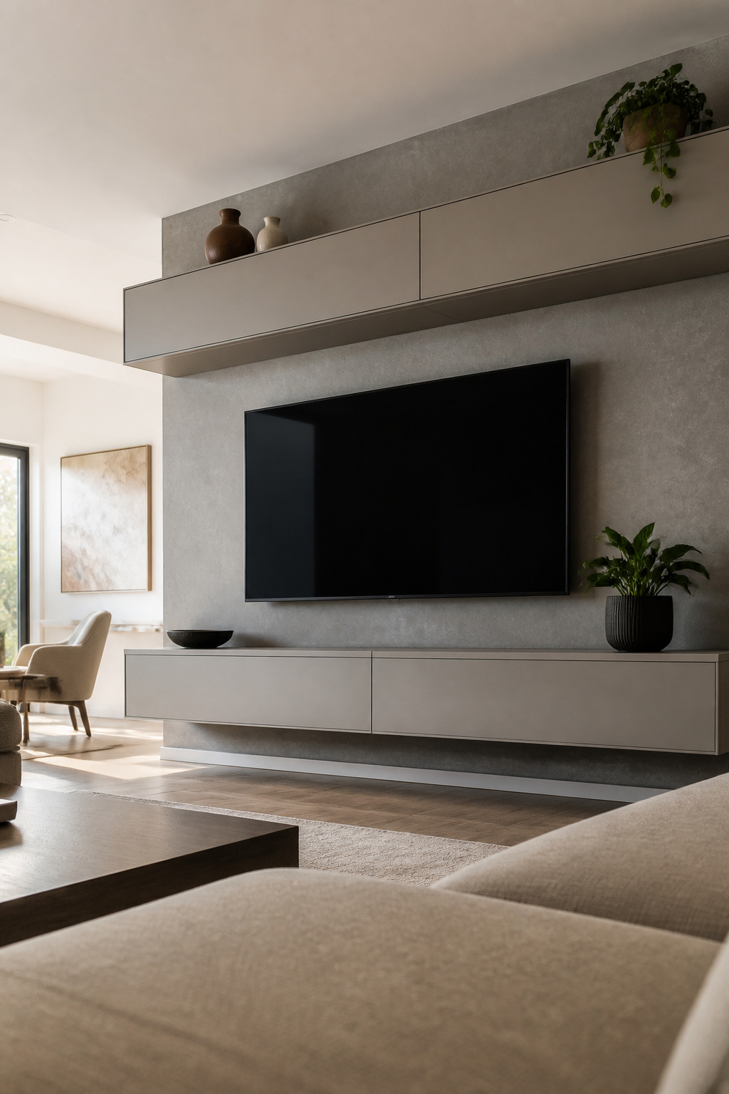 Living room with a wall-mounted console beneath a TV.