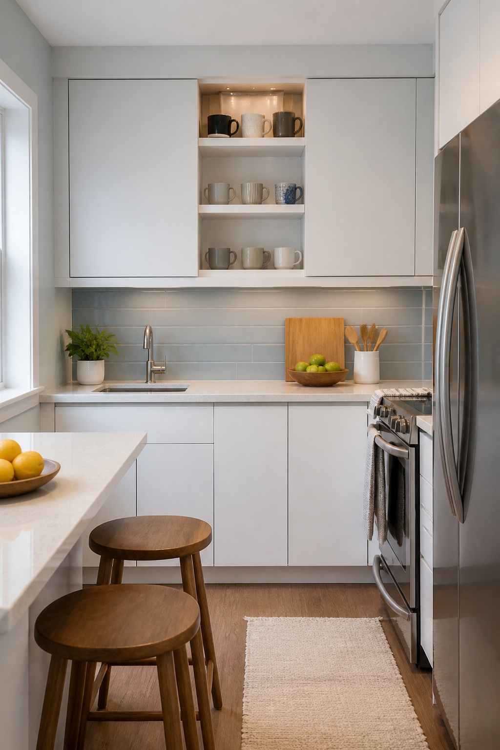 10 Small Kitchen Cabinet Ideas That Maximize Every Inch (2026) 15 Upper cabinets with sliding doors in a compact kitchen.