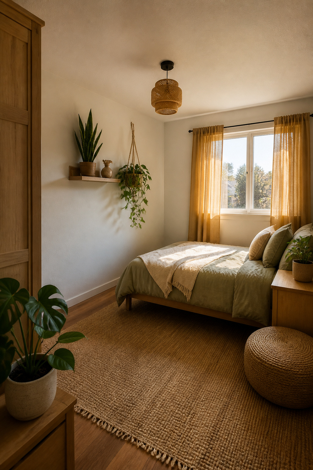 A snake plant and pothos in a small bedroom with wood accents.