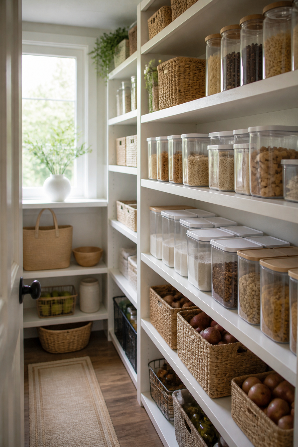 Organized pantry with labeled containers using painter's tape.