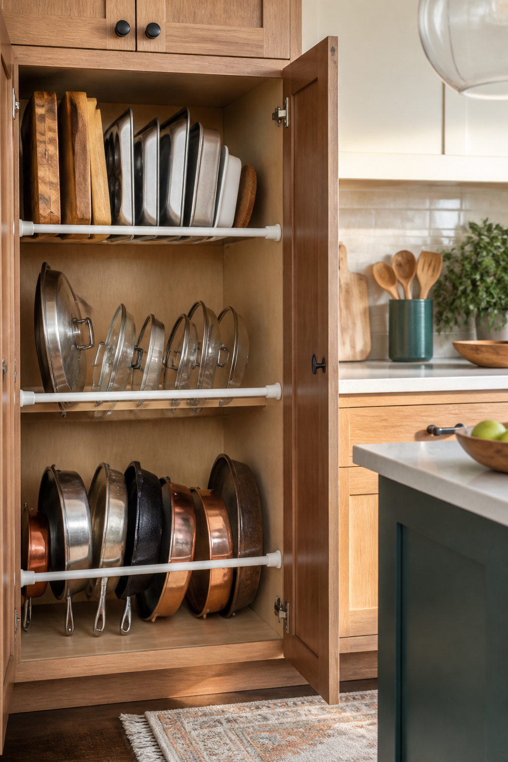 Tension rods holding cutting boards and pans in a cabinet.