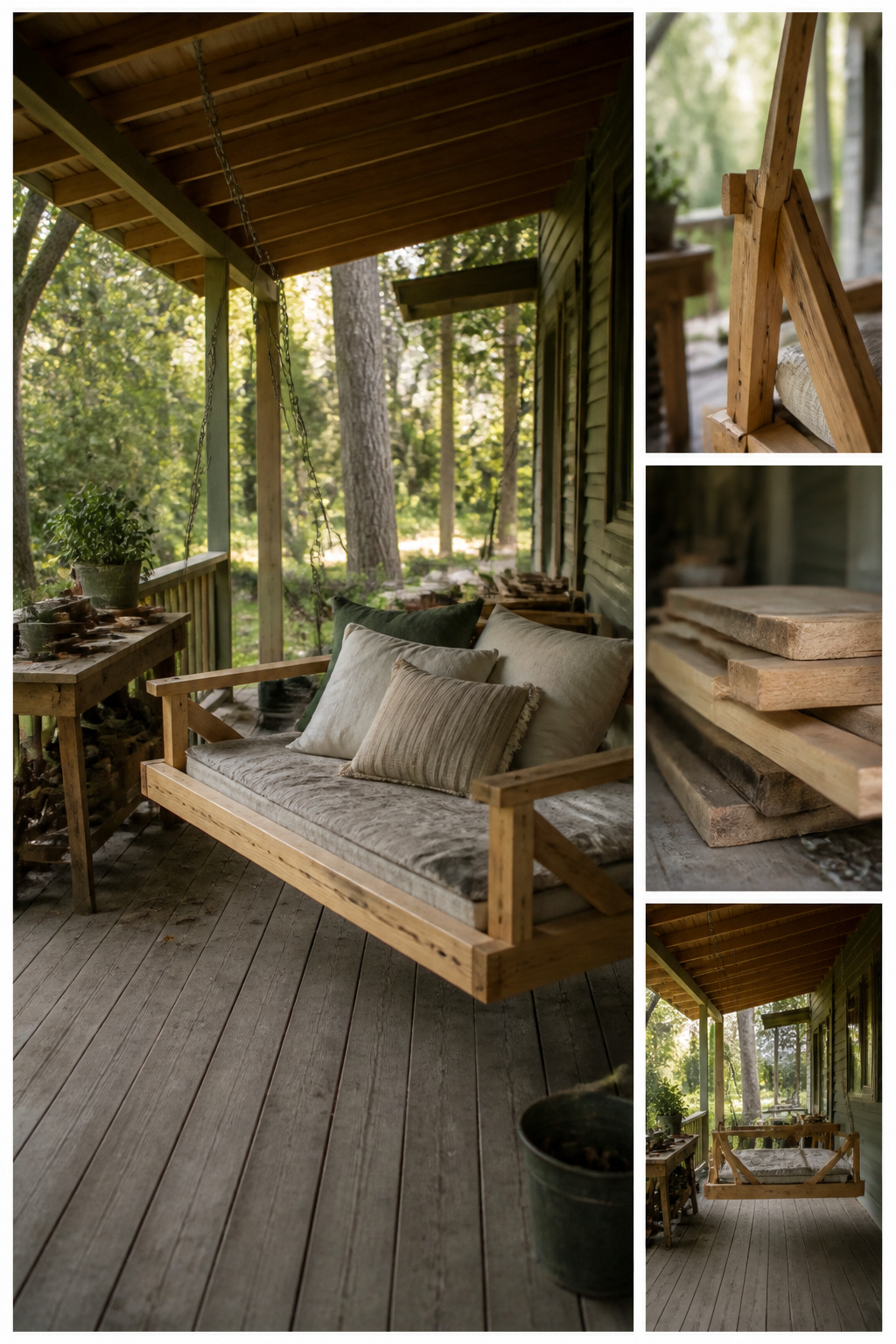 13 Large Back Porch Ideas That Use What You Already Have 15 A bed swing design plan displayed with lumber and a mattress.