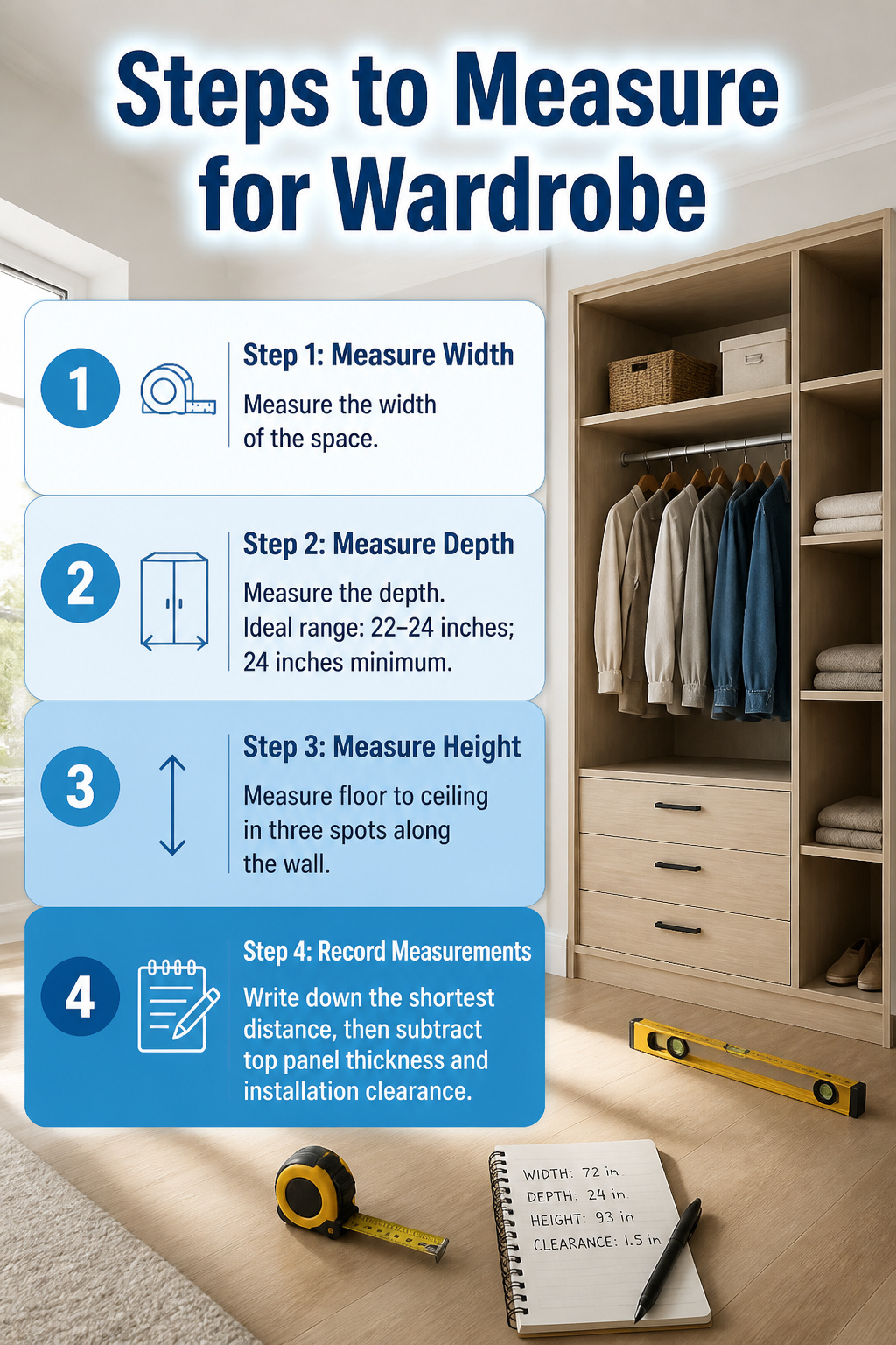 Steps to measure for fitting a wardrobe against a wall.