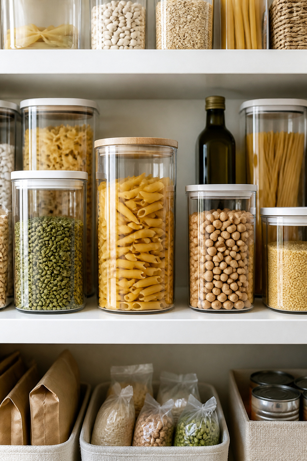 Pantry filled with clear containers holding various food items.