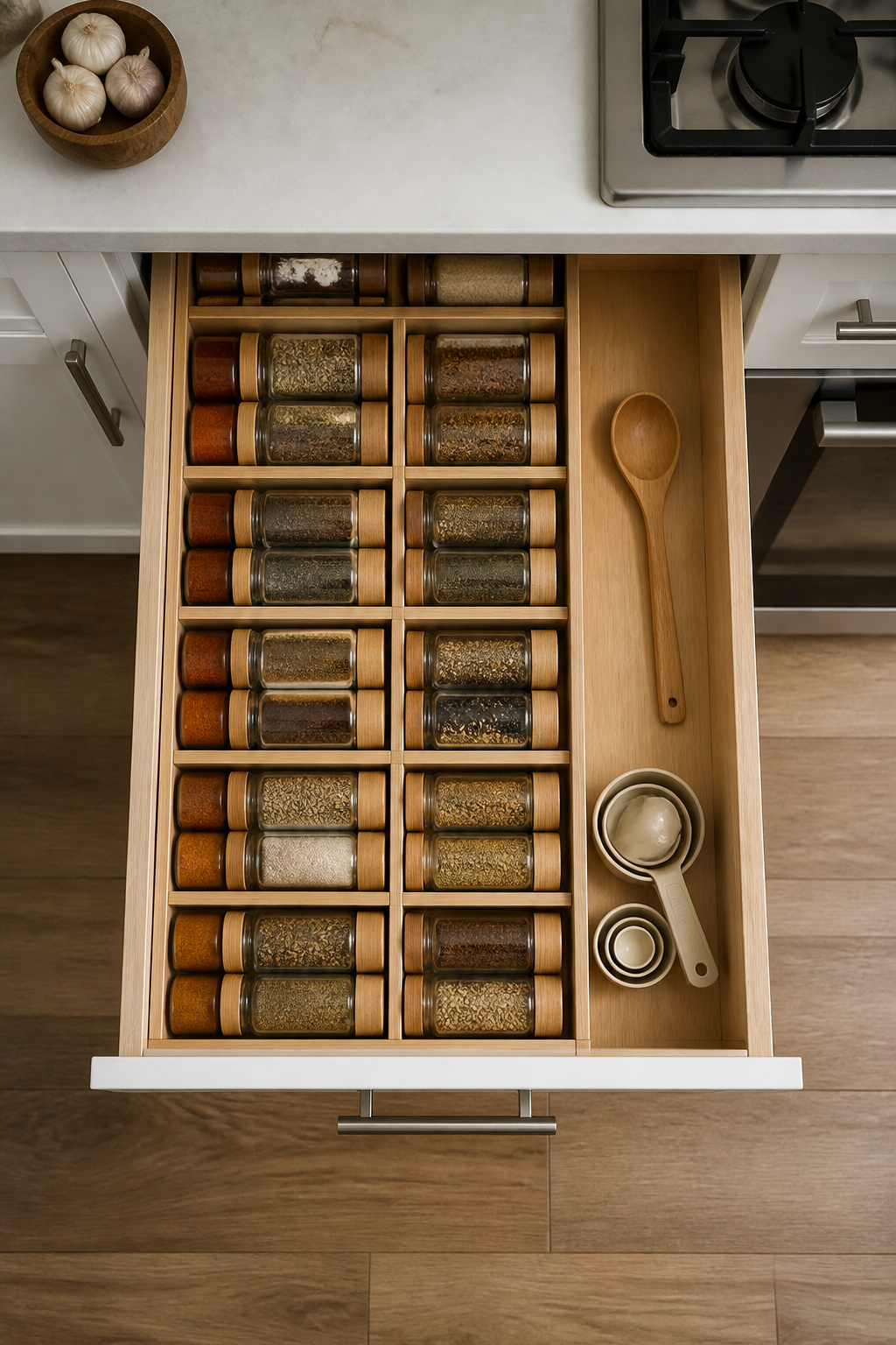 A kitchen drawer layout showing organized spices and utensils.