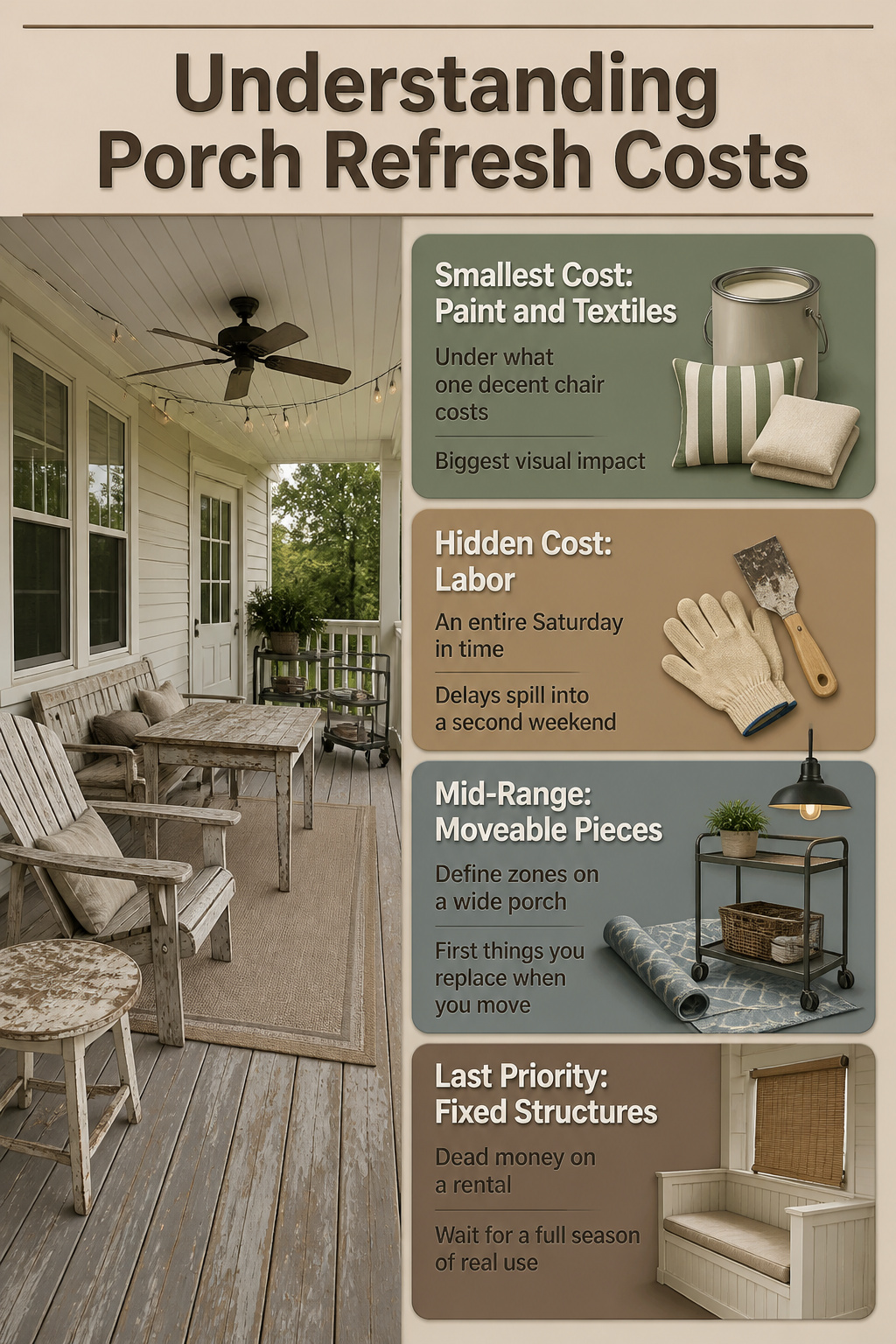 13 Large Back Porch Ideas That Use What You Already Have 16 A visual guide showing porch refresh costs and budget breakdown.
