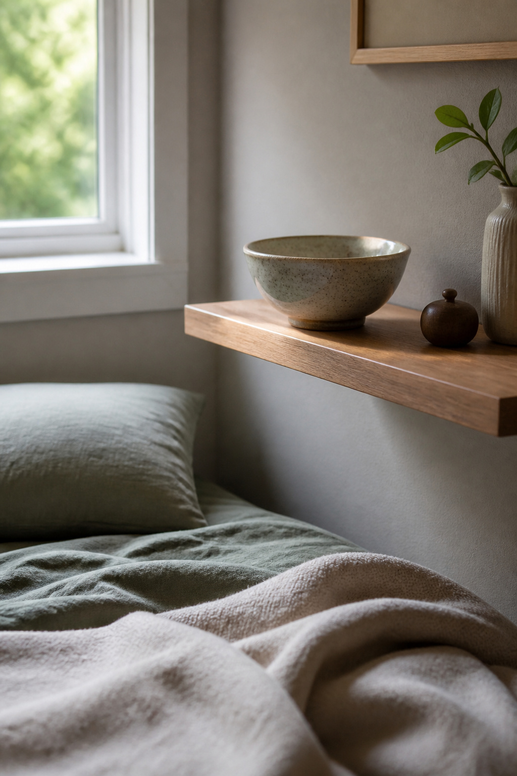 A ceramic bowl sitting on a floating shelf above a bed.