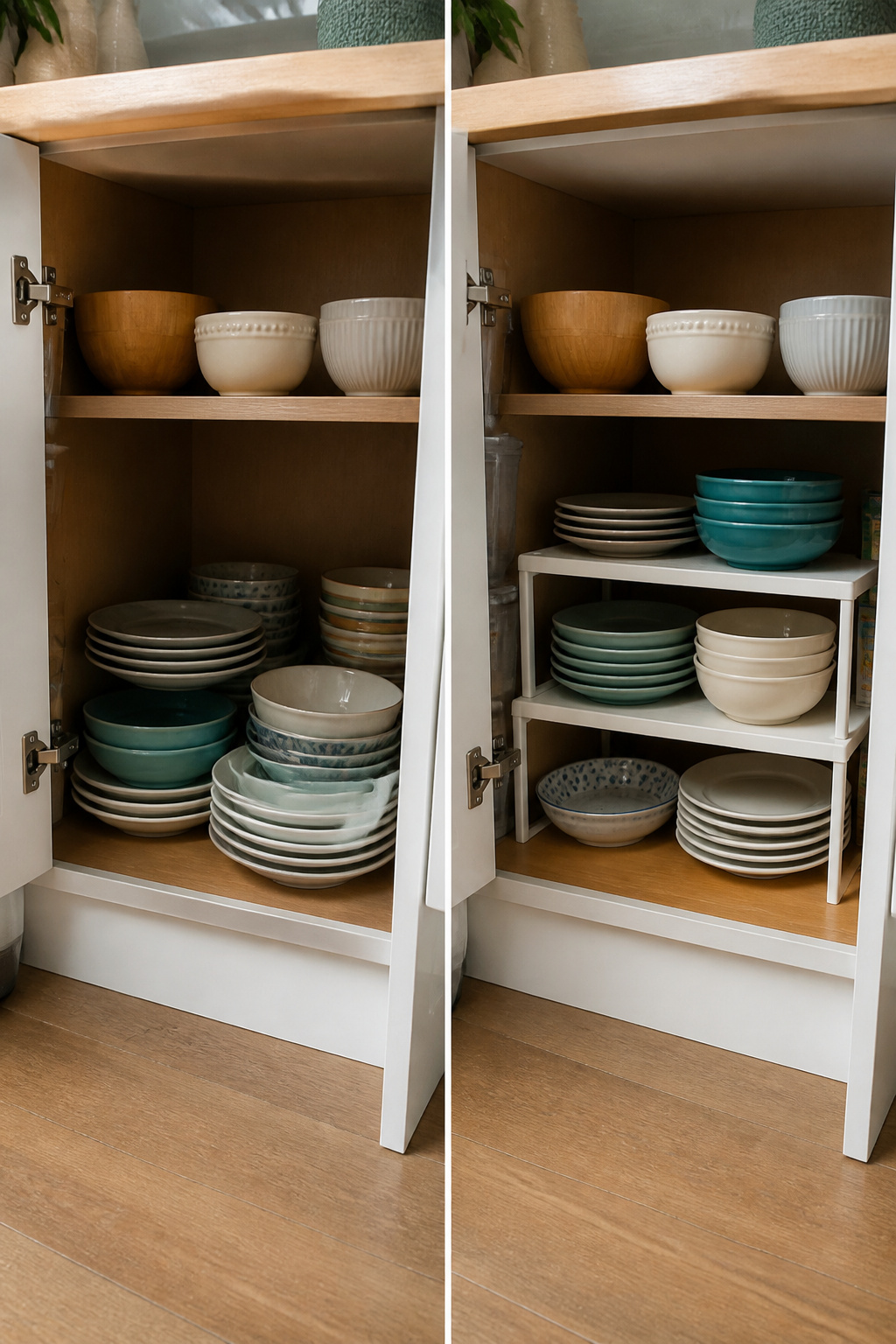 Melamine stacking shelves installed in a kitchen cabinet.