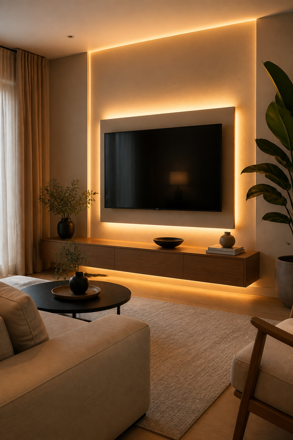 Modern living room with LED lights illuminating the area behind the TV.