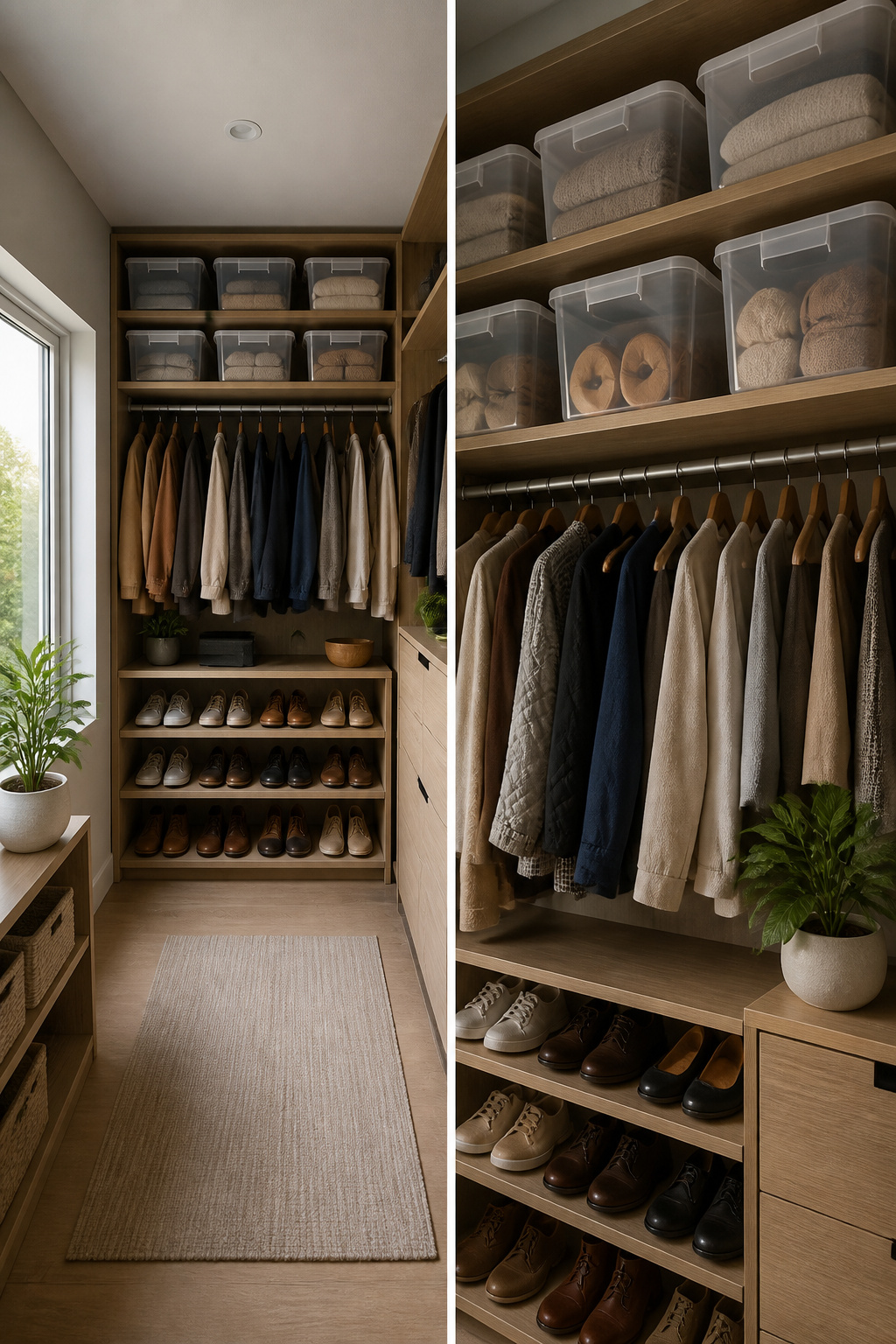 10 Small Walk-In Closet Ideas for Better Storage in 2026 16 A small walk-in closet with labeled bins for off-season clothing.