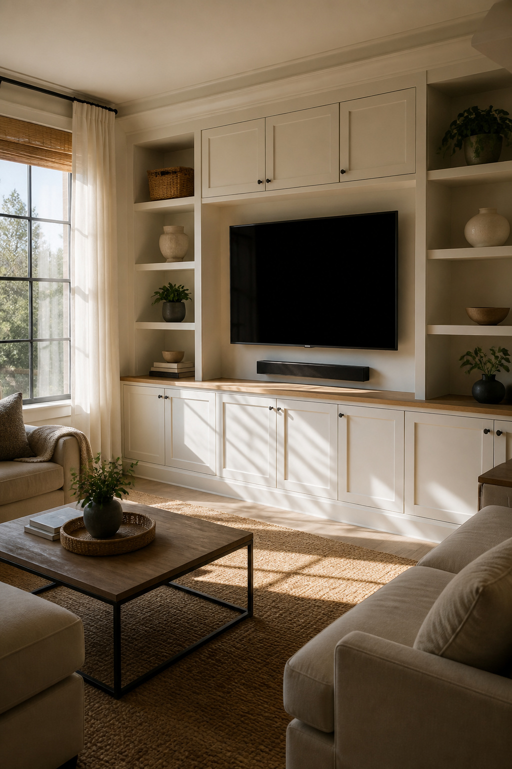 Living room with built-in cabinetry surrounding a television.