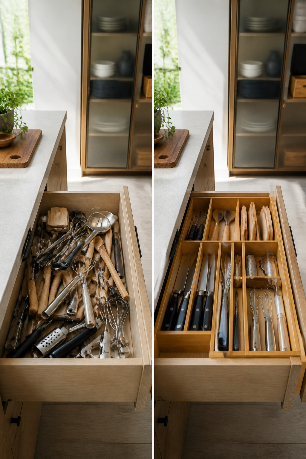 A kitchen drawer with expandable dividers keeping utensils organized.