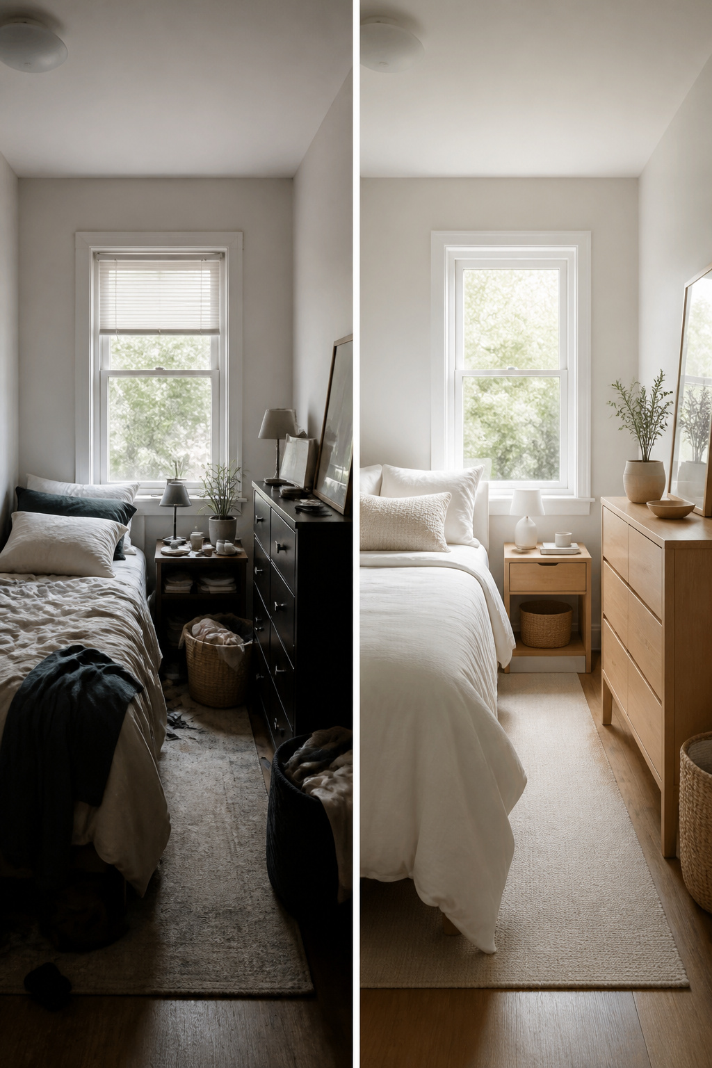 Daylight streaming through sheer curtains in a small bedroom.