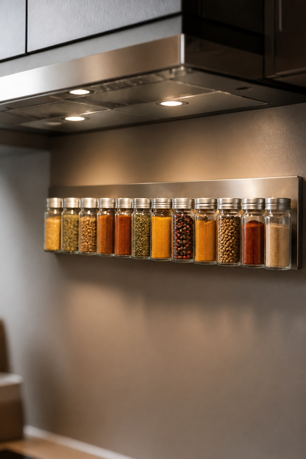 Magnetic strip with glass spice jars attached to a wall.