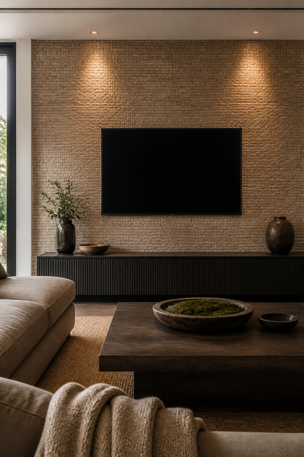 Living room with grasscloth wallpaper behind the television.