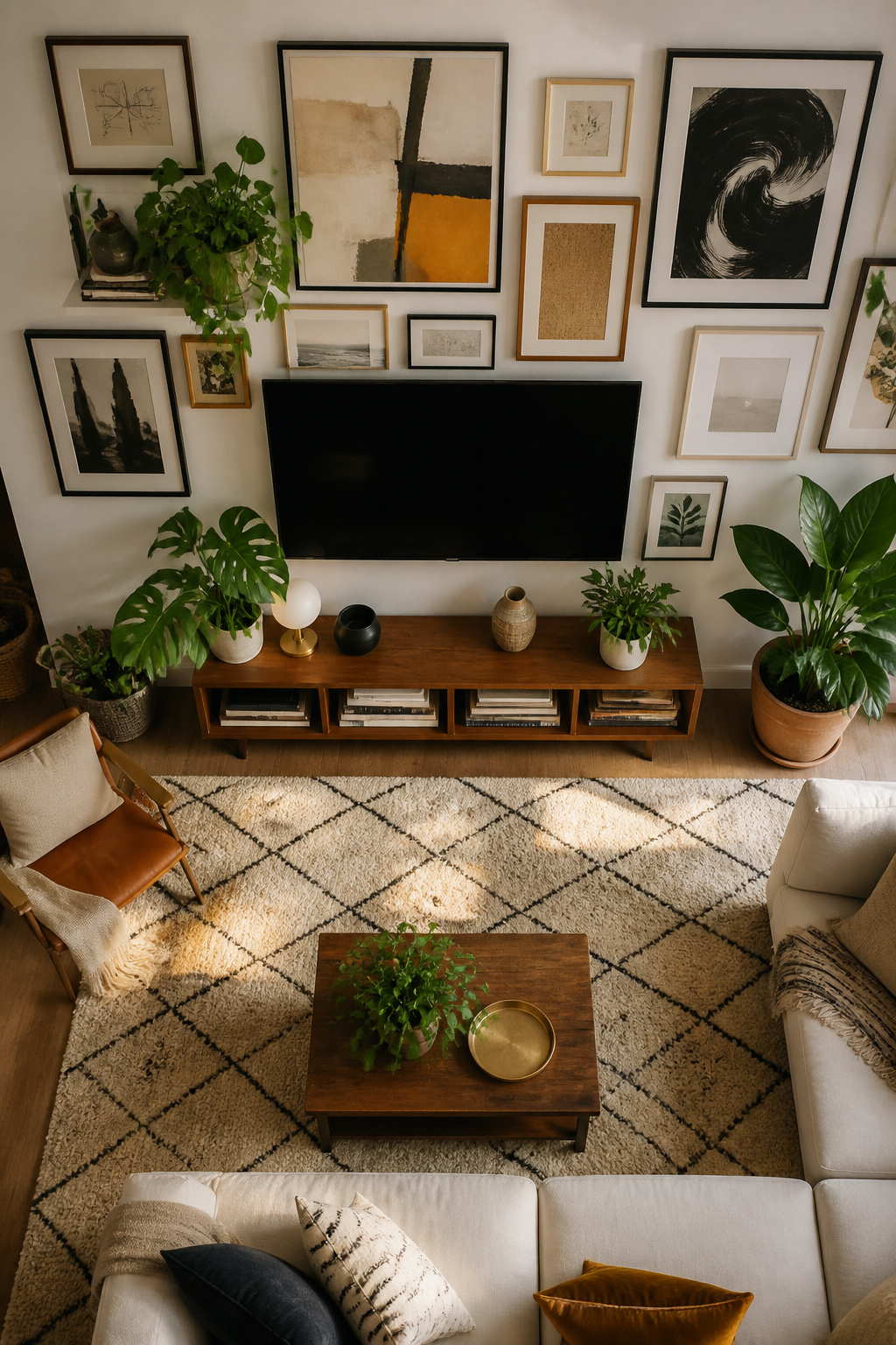 Gallery wall featuring a television among framed art.
